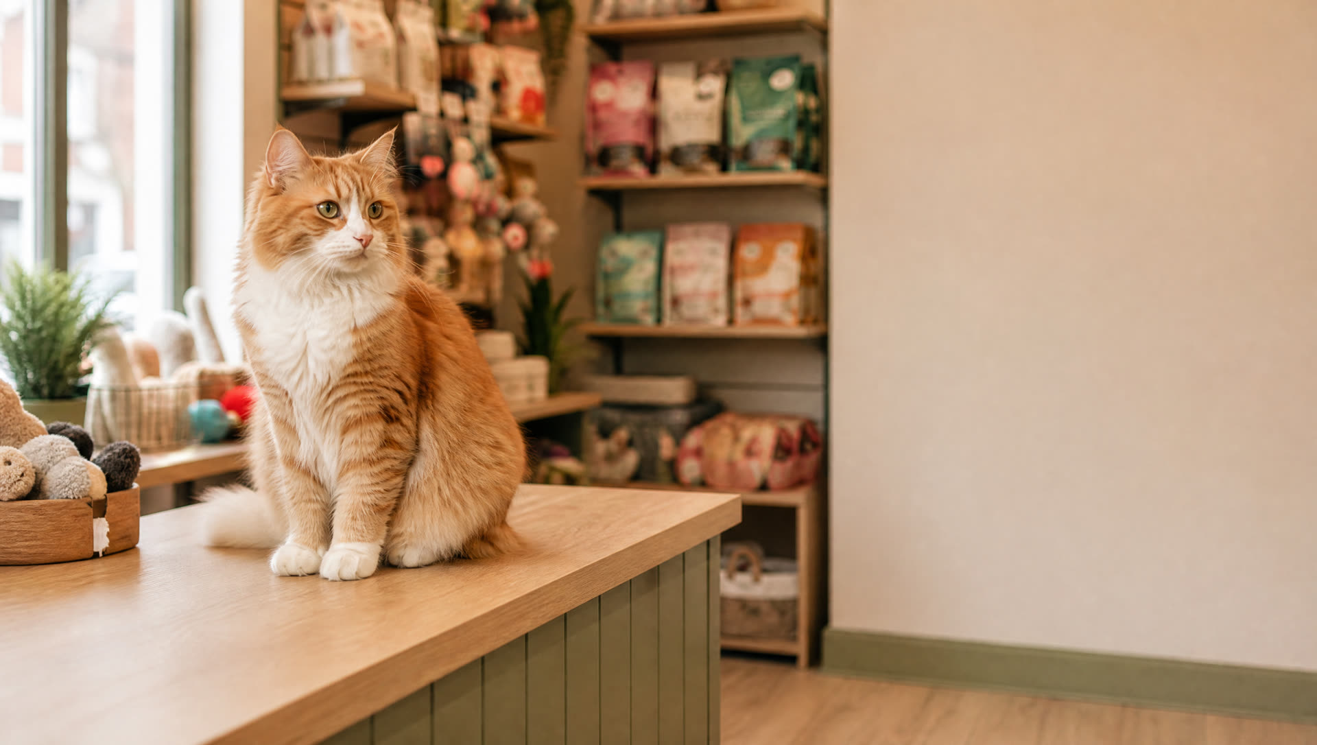 Cat resting on the shop counter